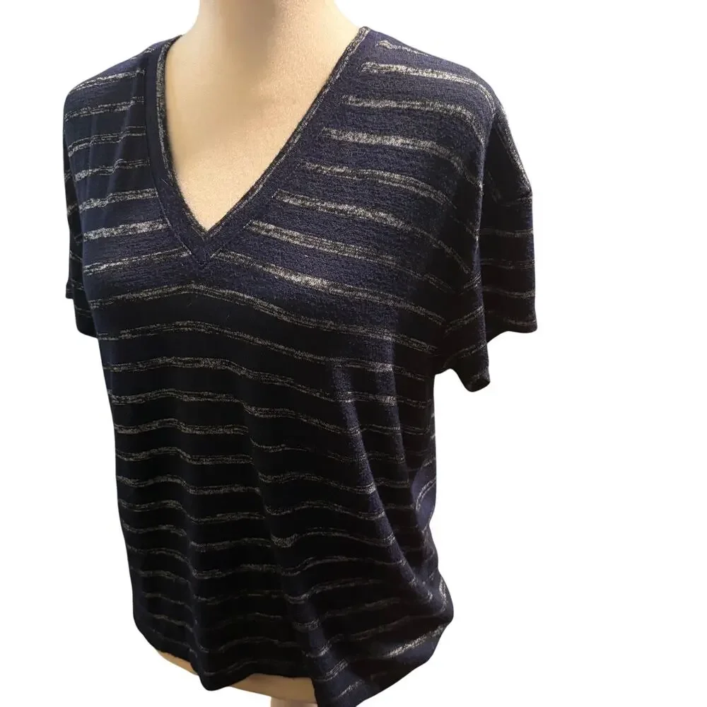 Rag & Bone The Knit Stripe V-Neck Tee, Navy Black, Women's Size Medium - Picture 4 of 9